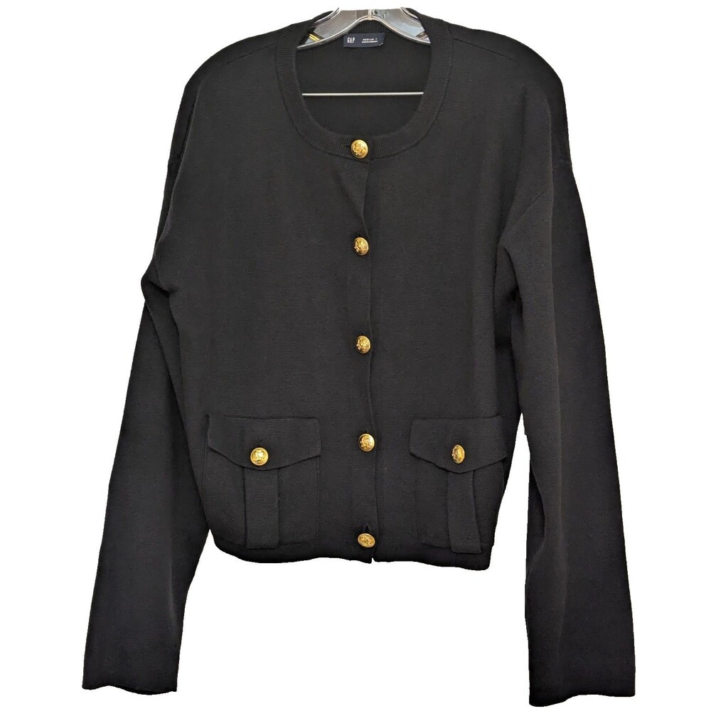 GAP Women's Sweater Medium Tall Black Wool Blend Gold Button Pocket Cardigan Jkt